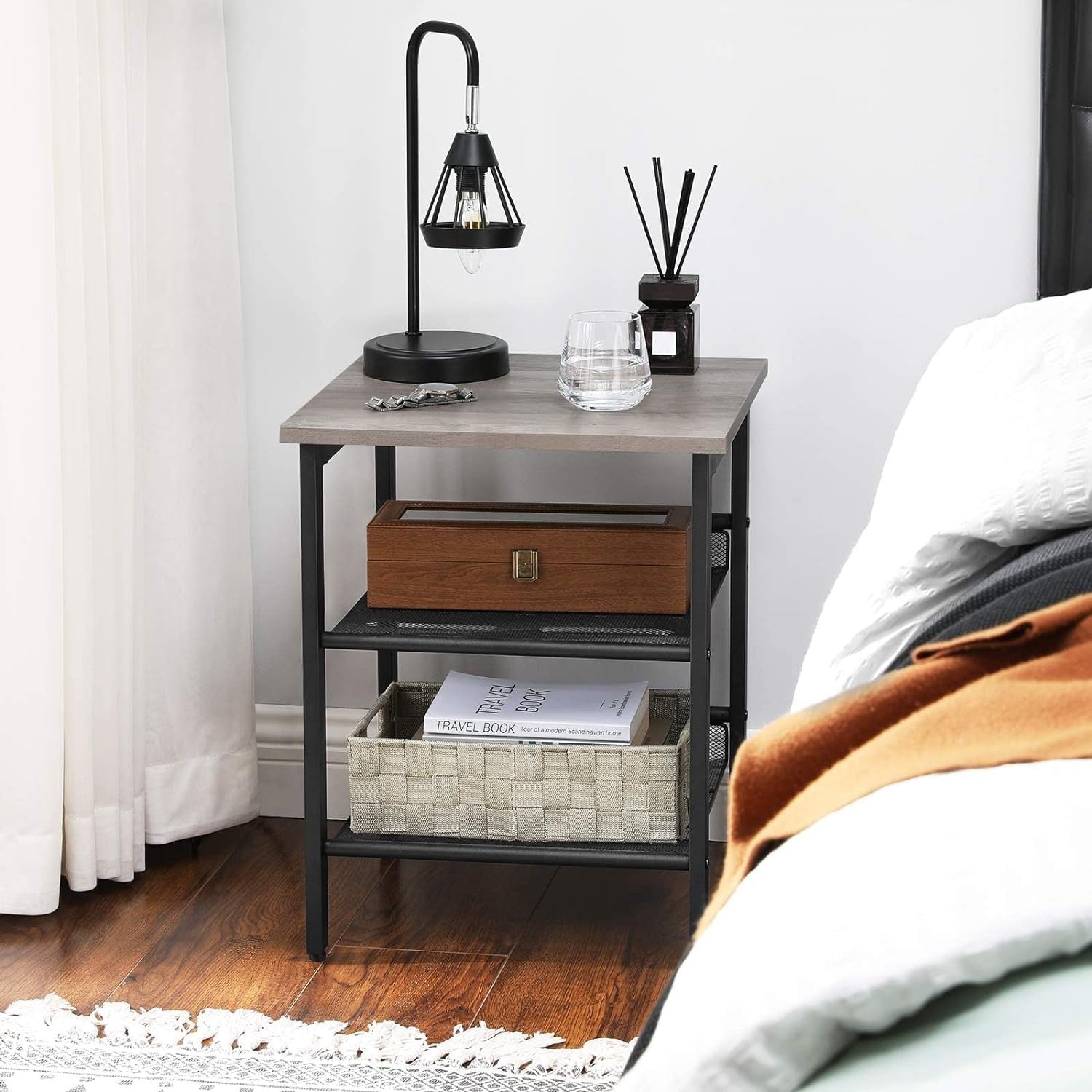 Industrial Side Table with Adjustable Mesh Shelves, Modern Bedside End Table
