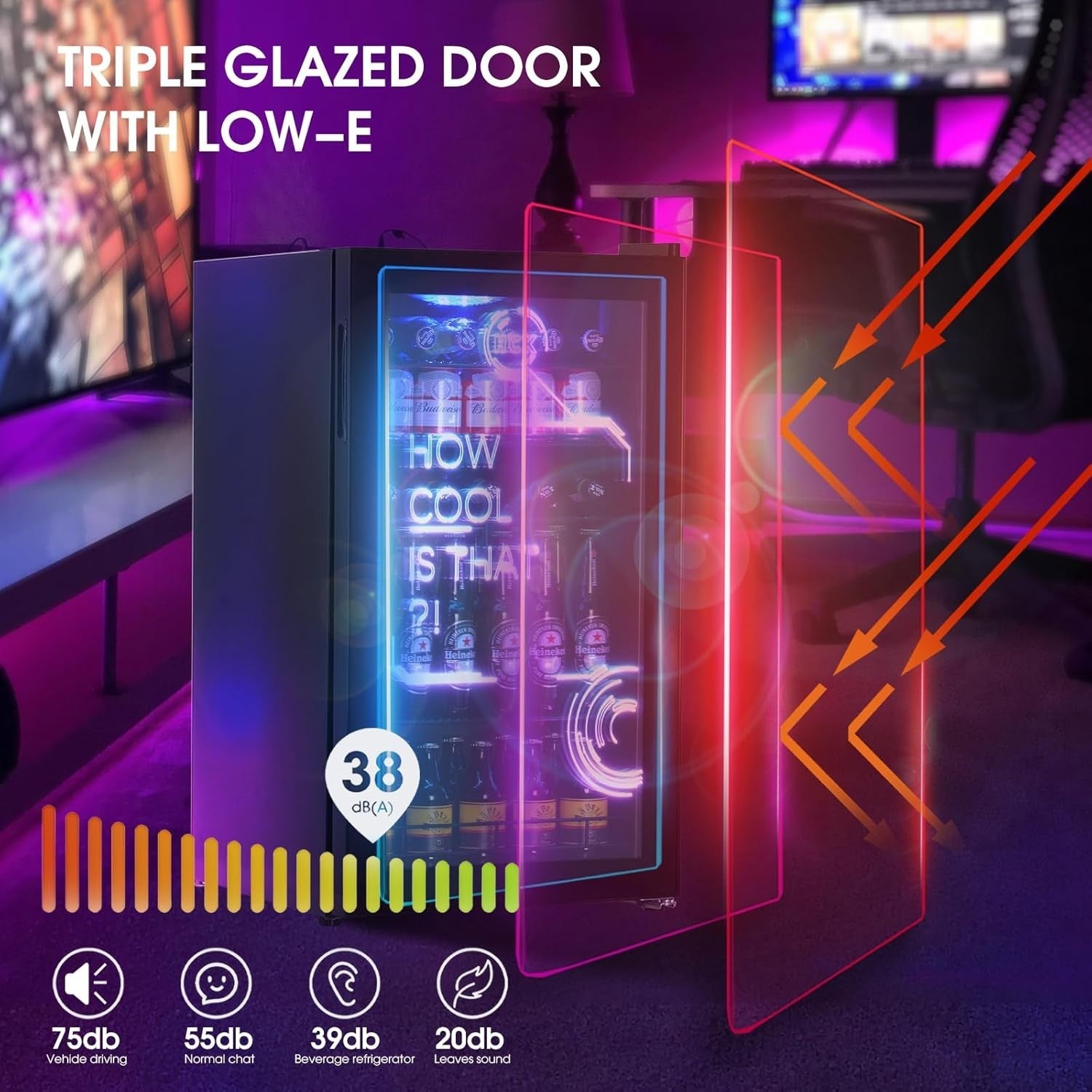 98L Mini Fridge with LED Lights Cyberpunk Bar Cooler Frost-Free Low Noise