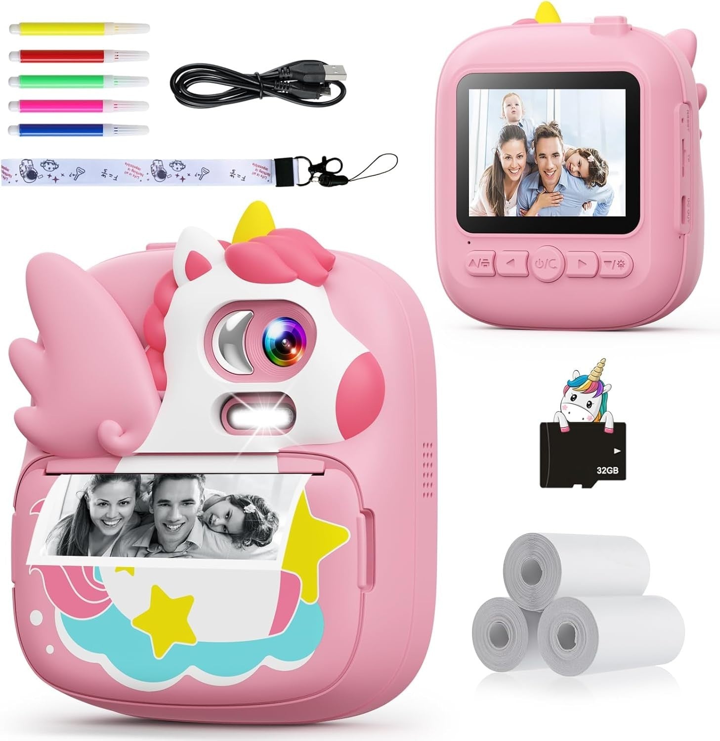 Kids Instant Print Camera 12MP 1080P HD 32GB Card Photo Paper Pink
