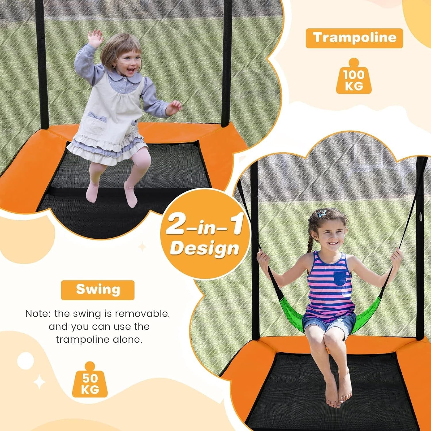 6FT Outdoor Kids Trampoline with Swing Rectangular Jump Play Set