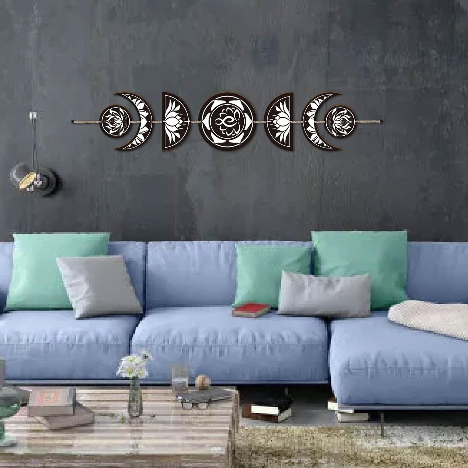 Lotus Moon Phase Wall Hanging Boho Wooden Witchy Decor 7pcs