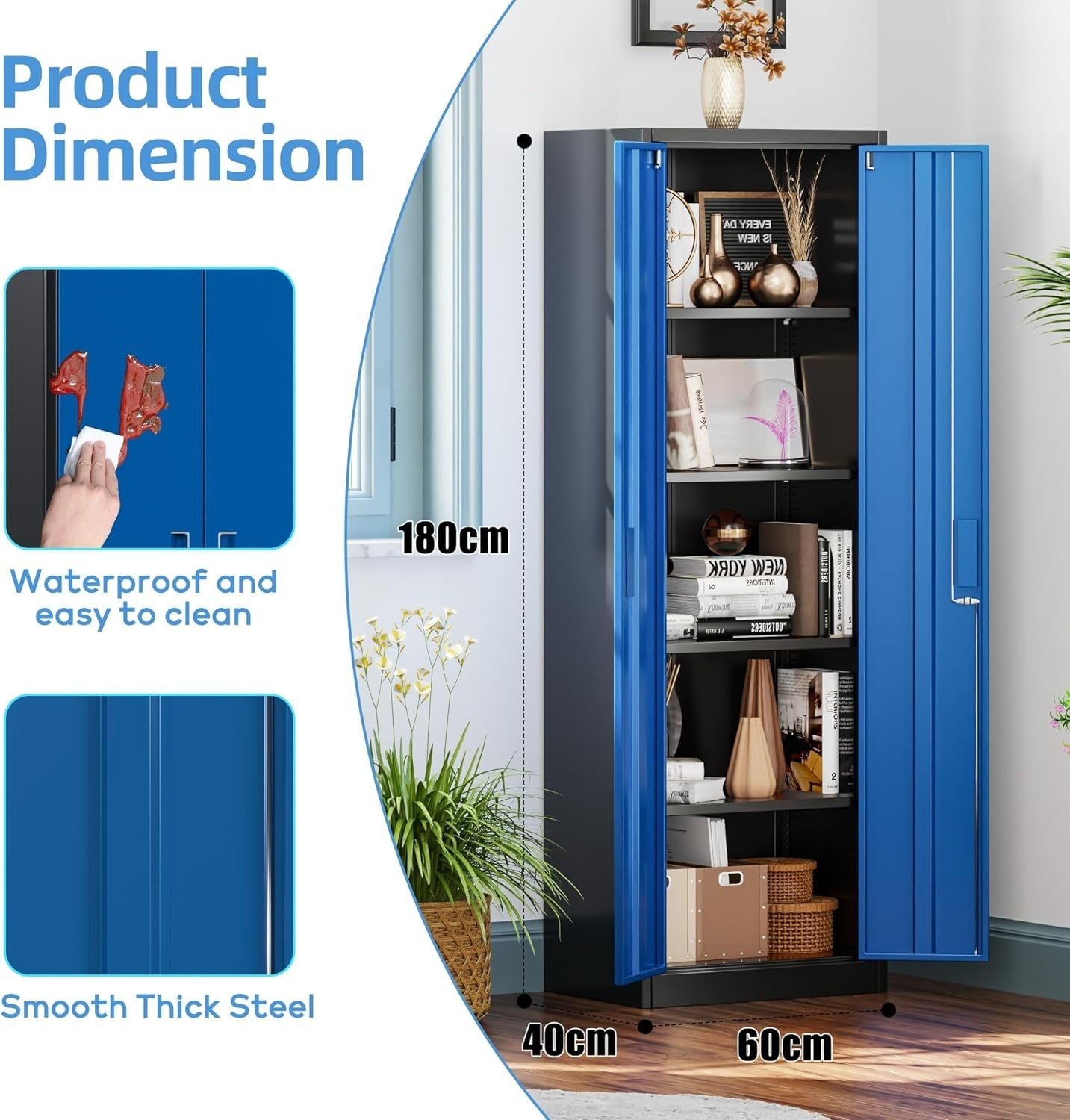 Steel Lockable Storage Cabinet 180cm with Adjustable Shelves for Garage