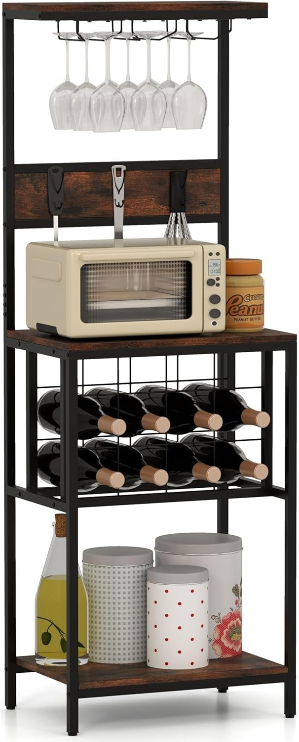 Freestanding Wine Rack Bar Cabinet with Glass Holder & Storage Shelves