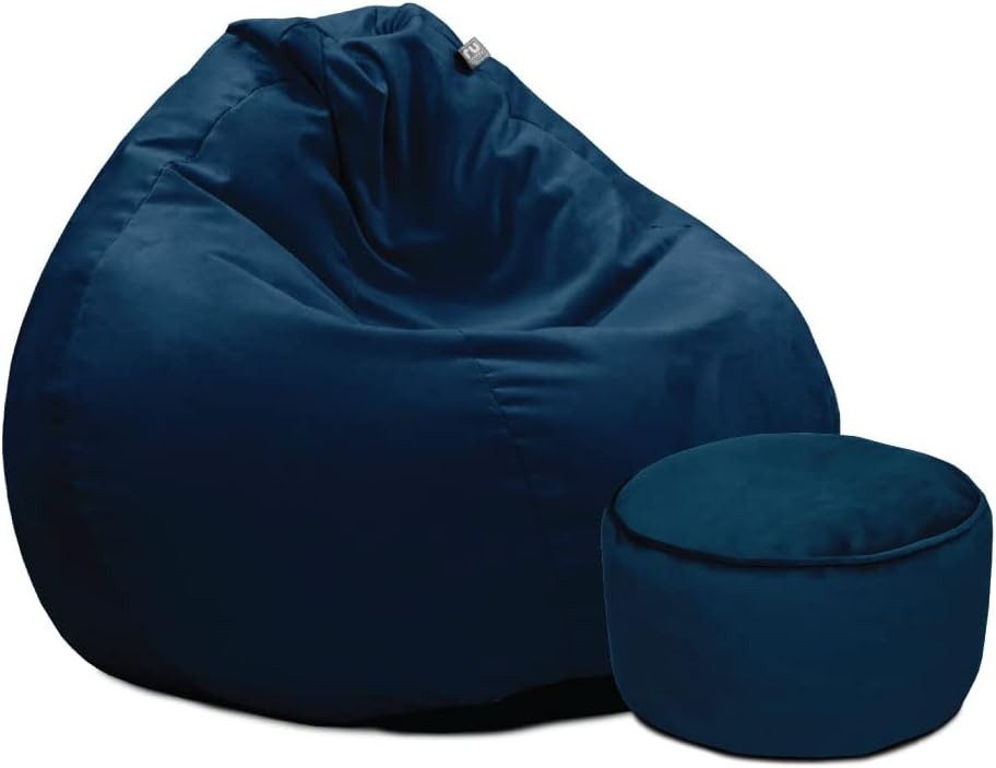 Velvet Bean Bag Chair + Footstool Peacock Blue – Lounge Sofa Seat Set