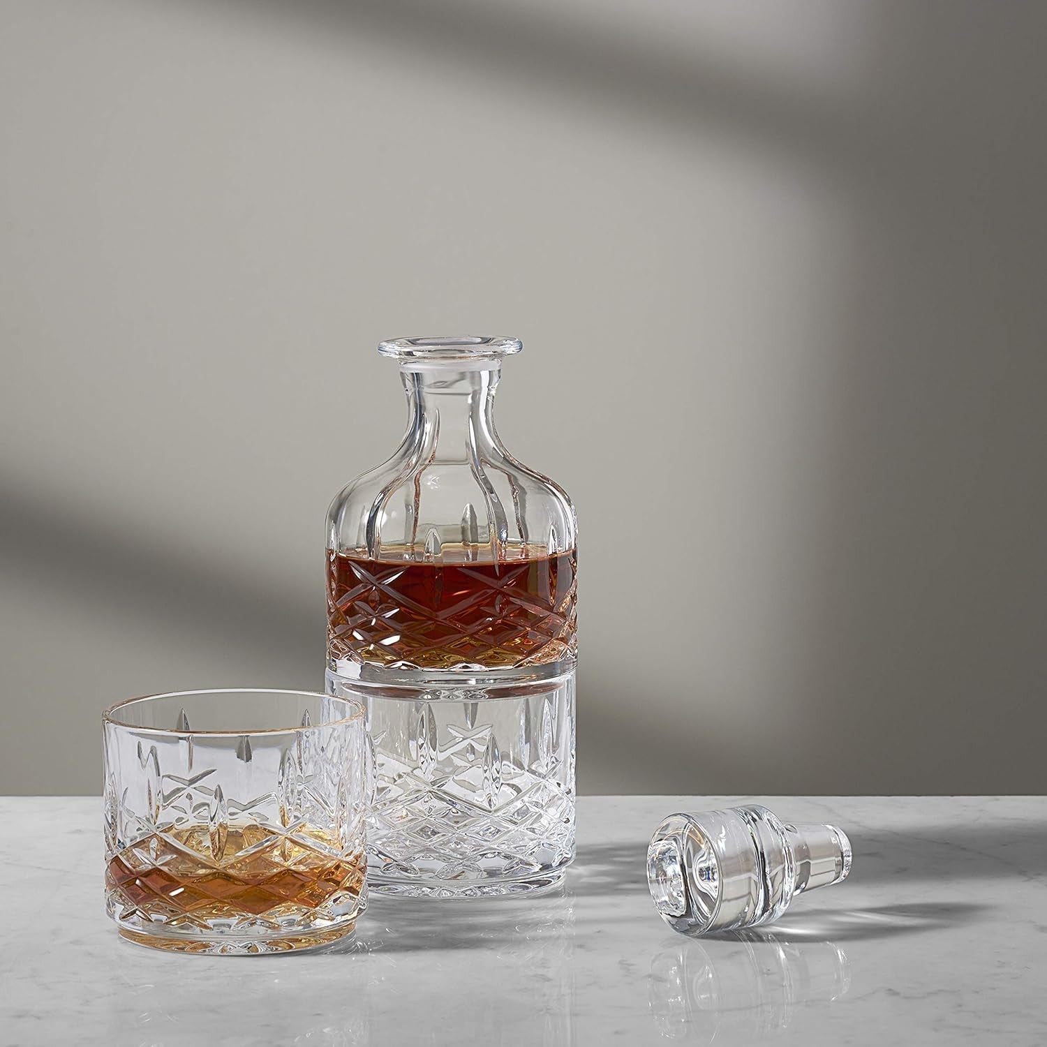 Crystal Stacking Whiskey Decanter & Tumbler Set Elegant Cut Glass Design