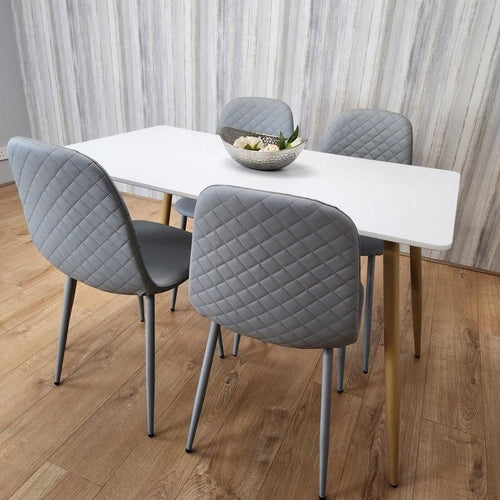 White Dining Table Set with 4 Grey Quilted Chairs – Modern Kitchen Set