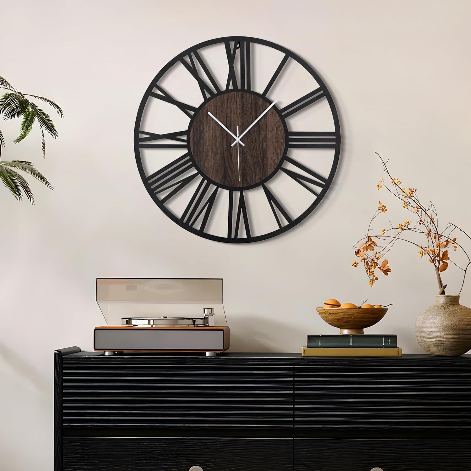 20" Large Wall Clock Dark Wood & Metal Silent Roman Numerals Modern Decor