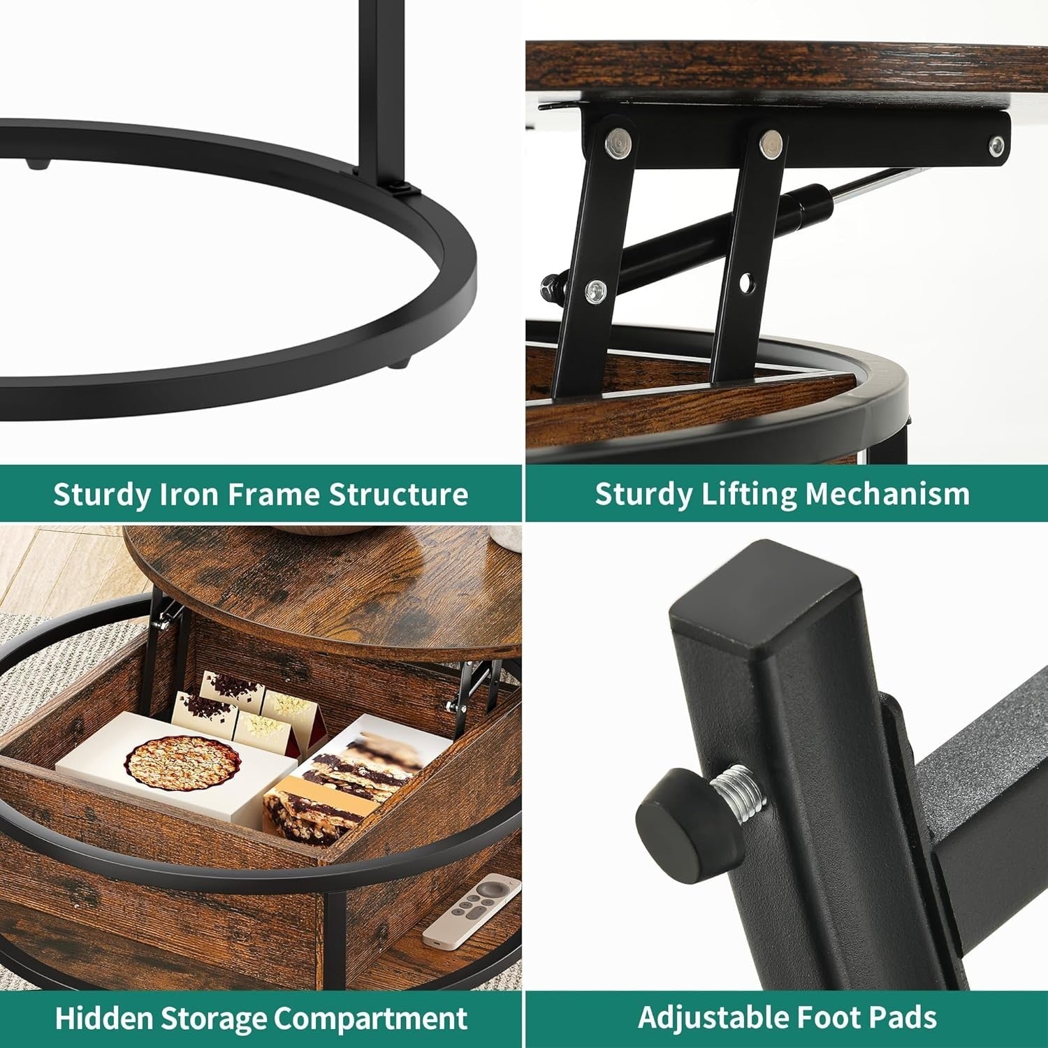 Lift Top Coffee Table Set of 2 Brown Wood Round Nesting Storage Side End