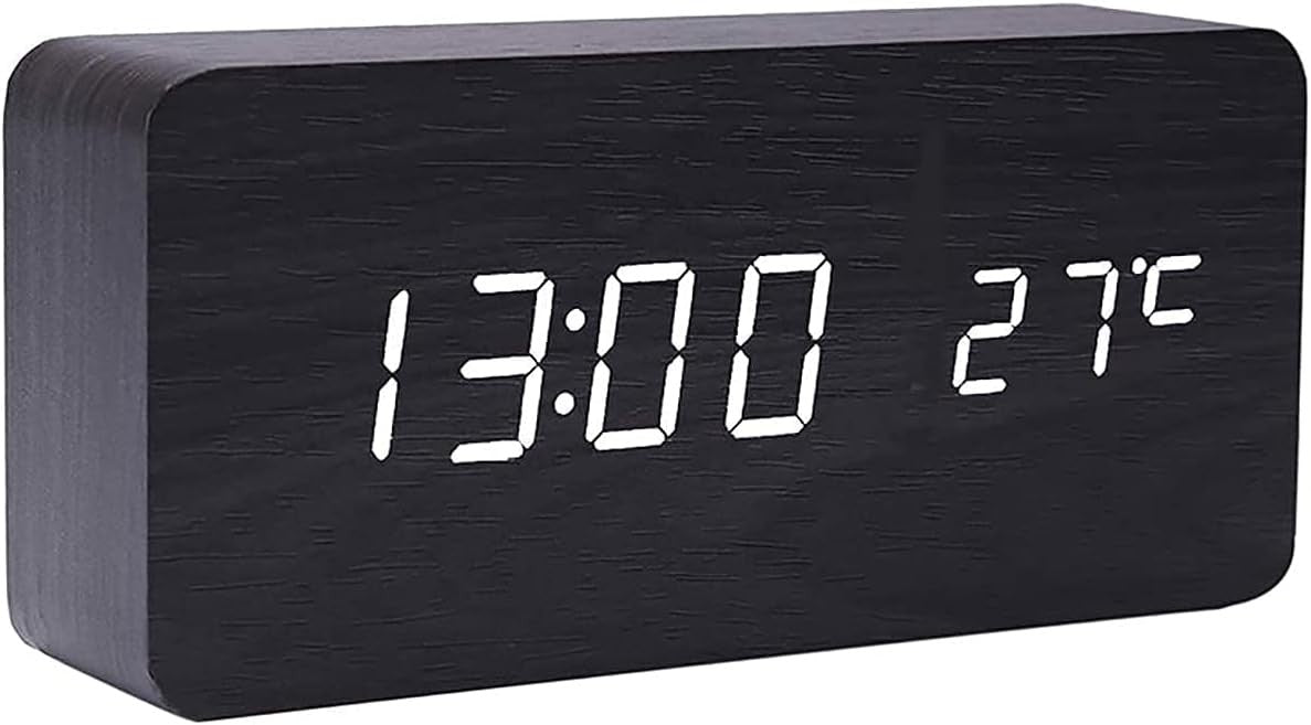 Wooden LED Digital Alarm Clock Silent Bedside Temperature Display