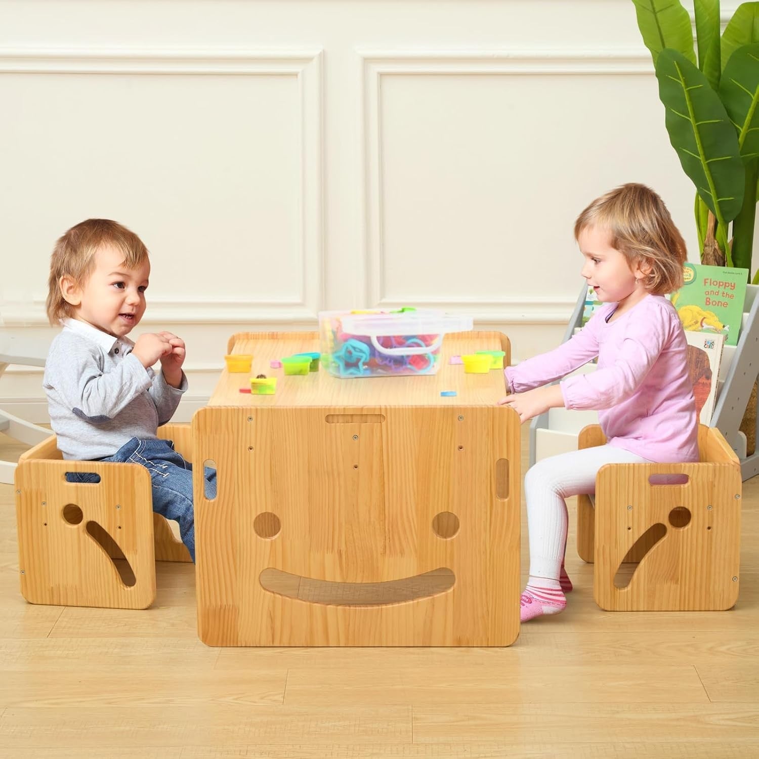 Adjustable Kids Table & Chairs Set Solid Wood Montessori Toddler Furniture