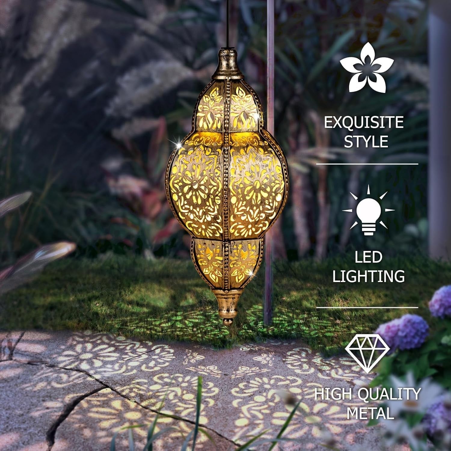 Solar Lantern Outdoor Decor, Gold Waterproof Solar Lights for Garden & Patio