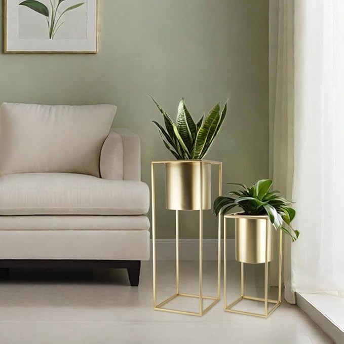 Set of 2 Gold Metal Planters with Stand Indoor Outdoor Tall Plant Pots Display