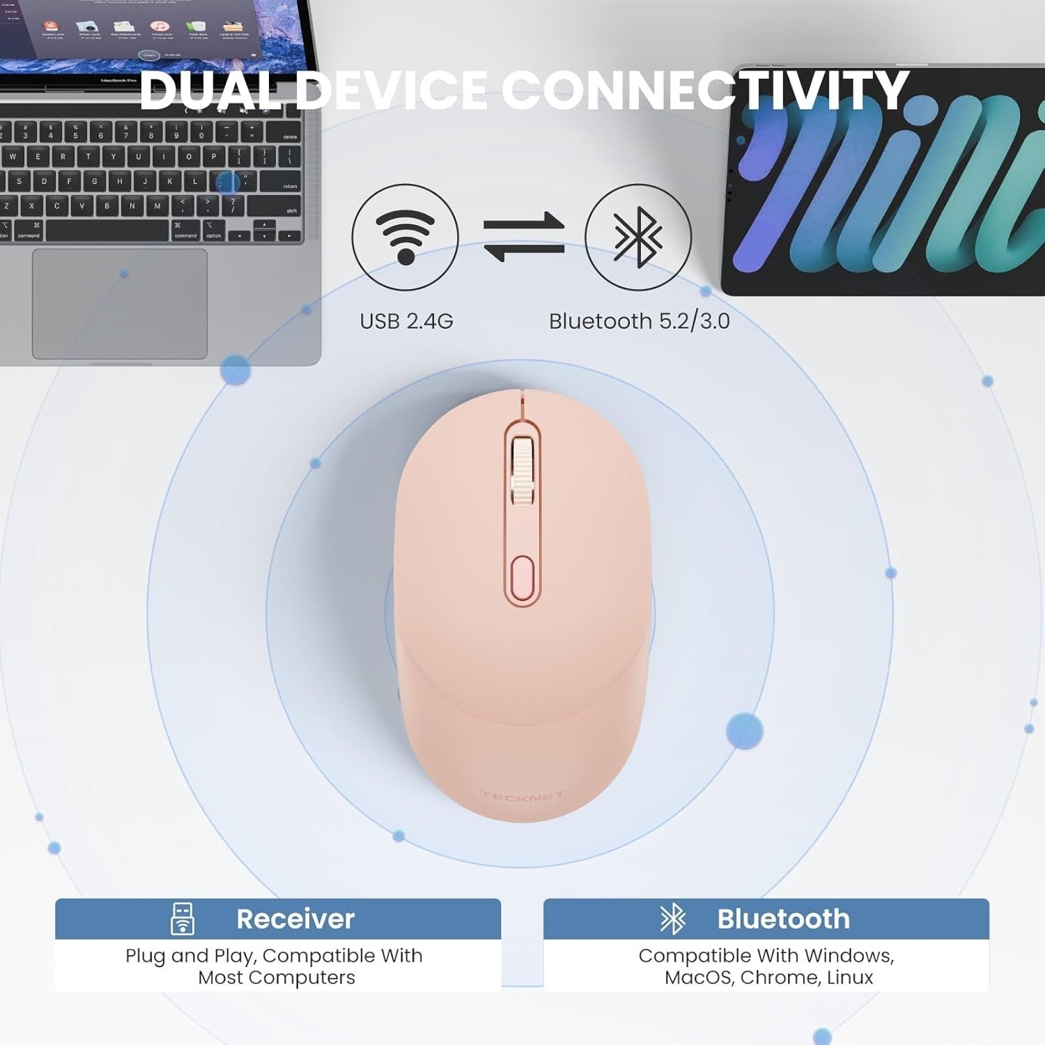 Pink Dual Mode Bluetooth Mouse 1600 DPI Silent Ergonomic Wireless Laptop PC