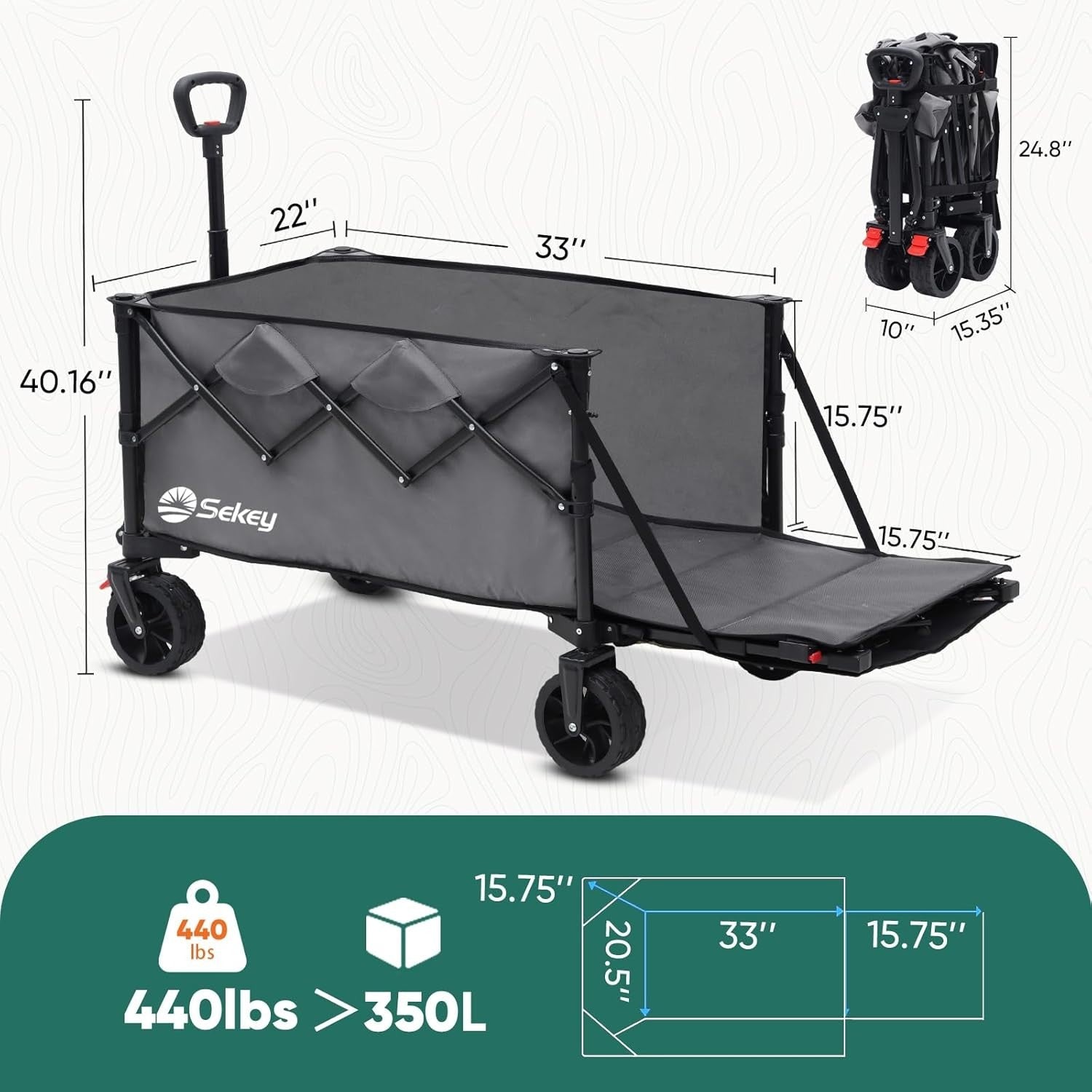 Grey 350–500L Folding Camping Wagon 440lb Heavy Duty All Terrain Festival Cart