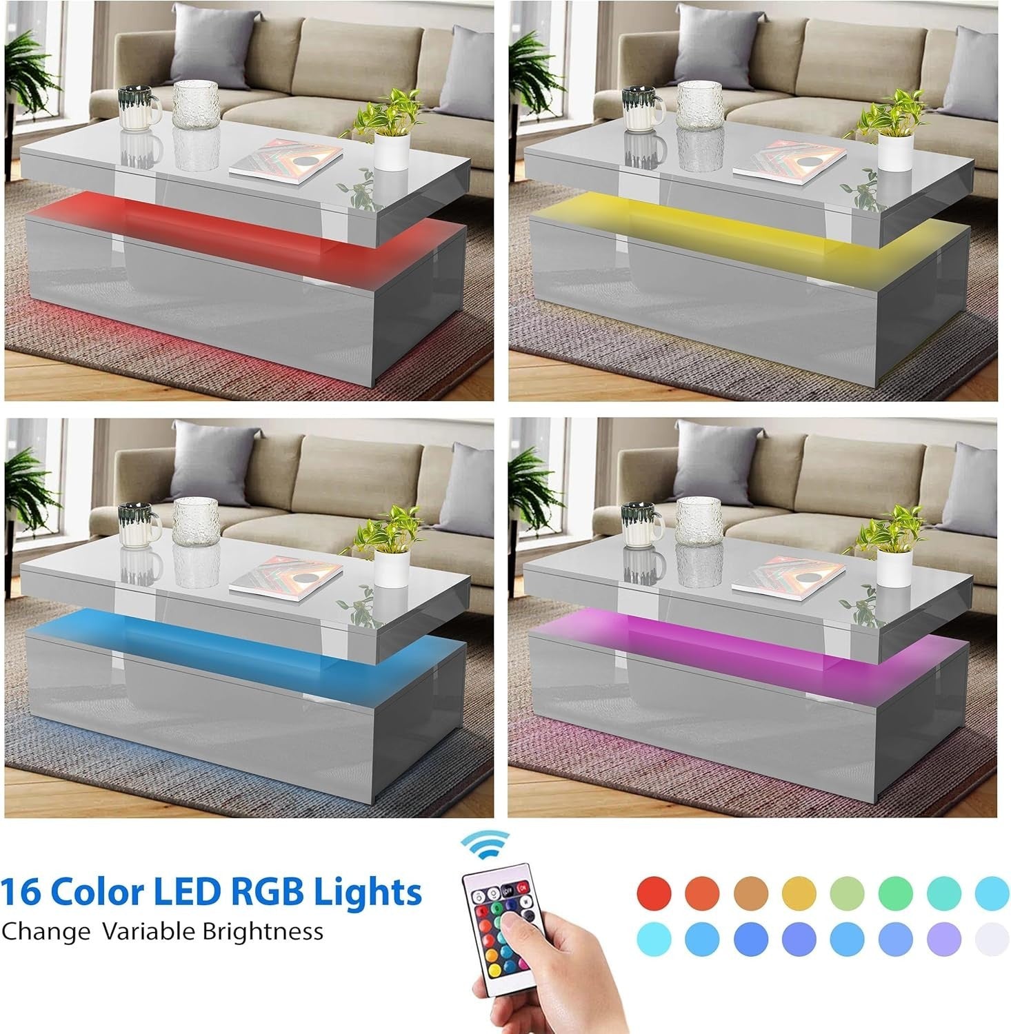 High Gloss Rectangle Coffee Table with 2 Drawers & RGB LED Lights 94x47x38cm