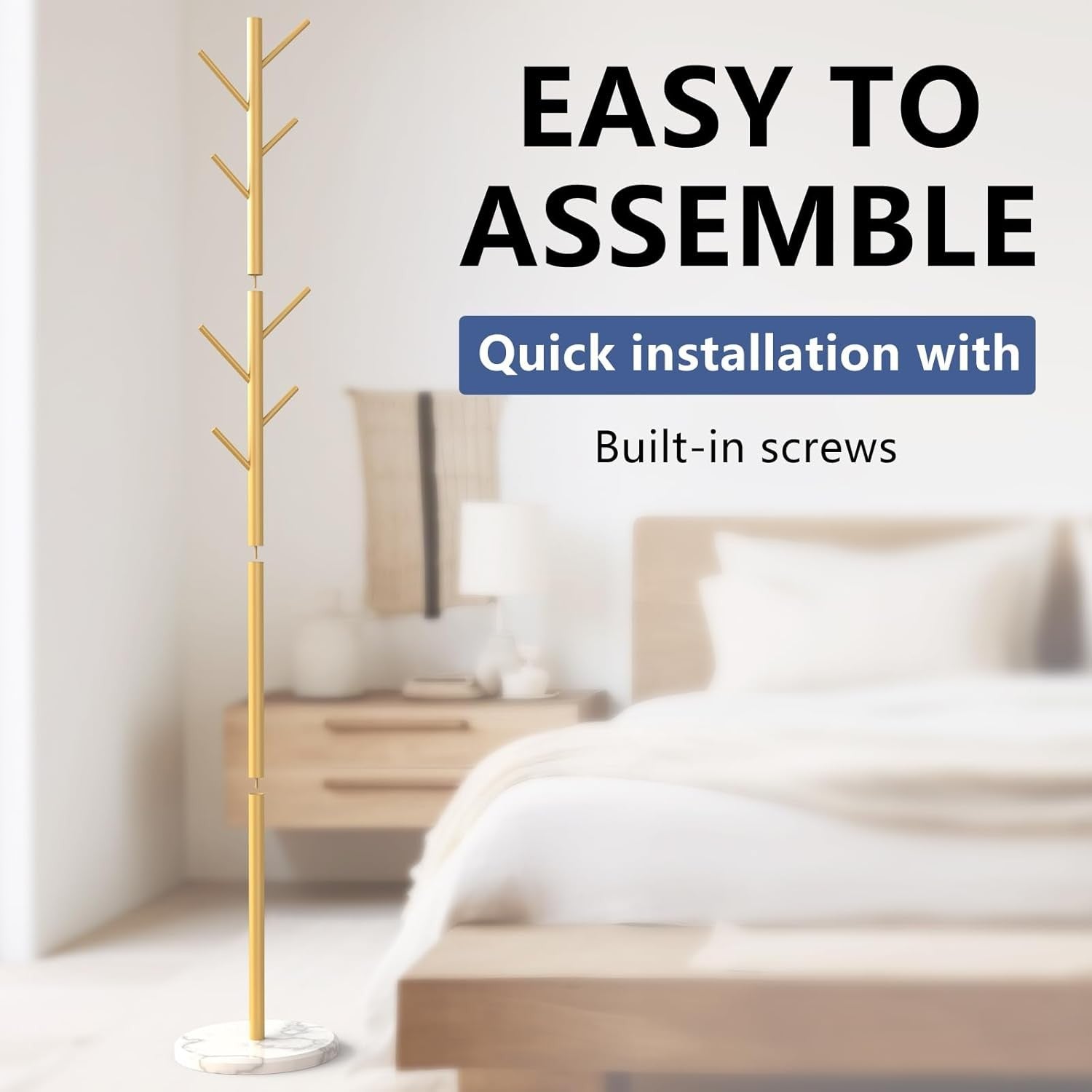 Gold Metal Coat Rack with Marble Base | 8 Hooks Freestanding Modern Hall Stand