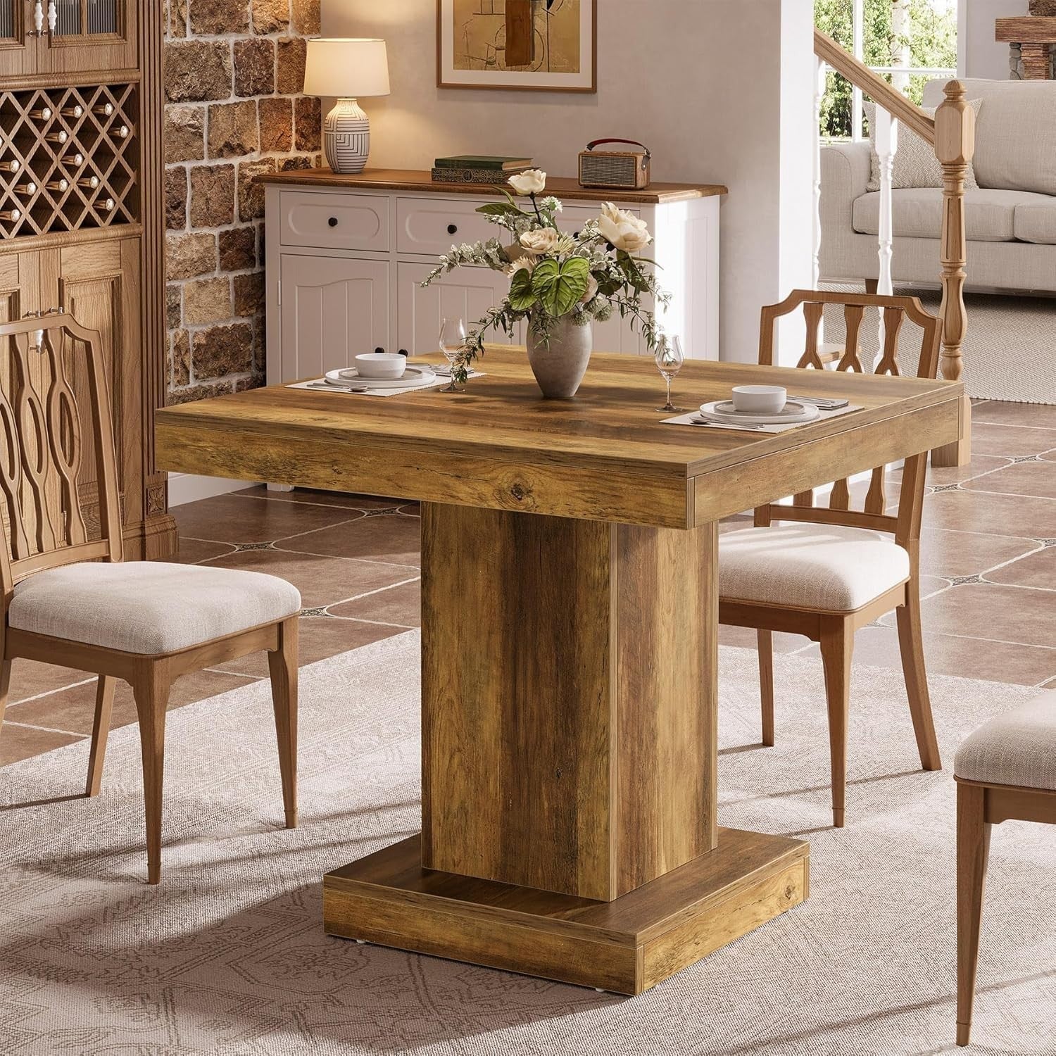 Rustic Square Dining Table 4 Seater Pedestal Base Small Space Home