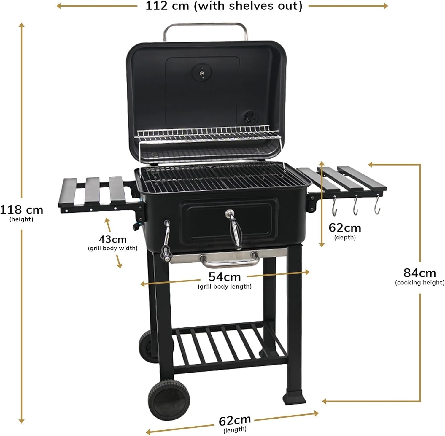 XL Charcoal BBQ Smoker Grill | Adjustable Chimney & Airflow | Dual Side Tables