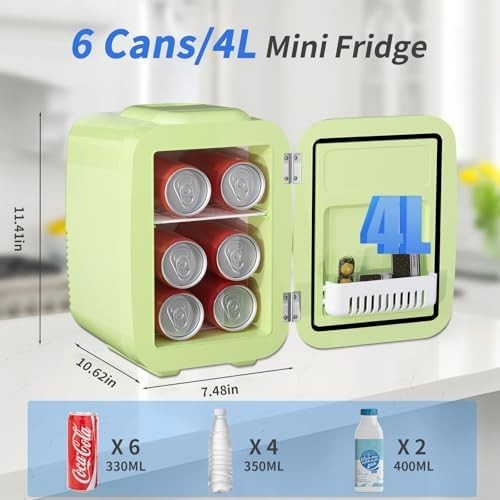 4L Mini Fridge Cooler & Warmer | Portable AC/DC, 6 Cans, Skincare Green