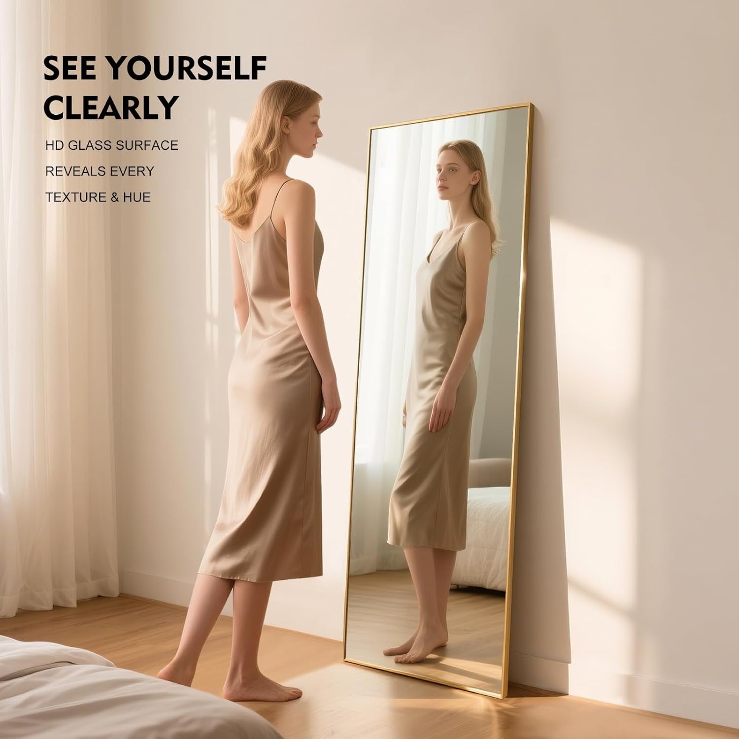 Gold Full Length Mirror 140x40cm Wall or Floor Standing, Shatterproof Glass