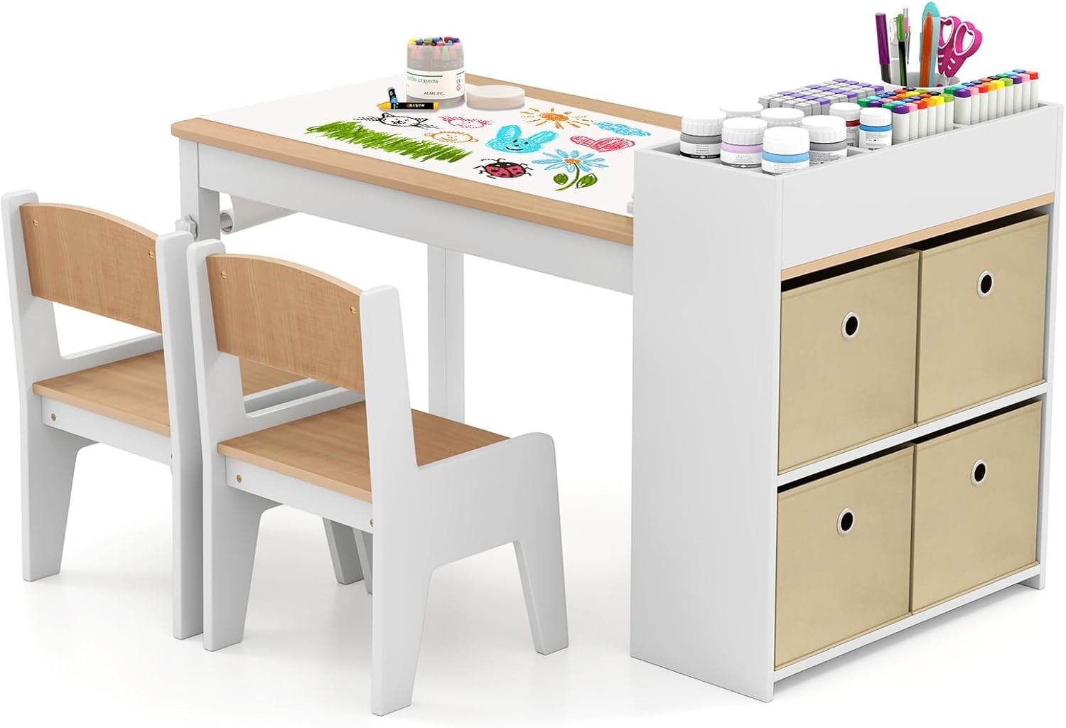 Kids Wooden Table and Chairs Set w/ Paper Roll Storage Bins Shelves Art Desk