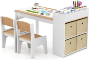 Kids Wooden Table and Chairs Set w/ Paper Roll Storage Bins Shelves Art Desk