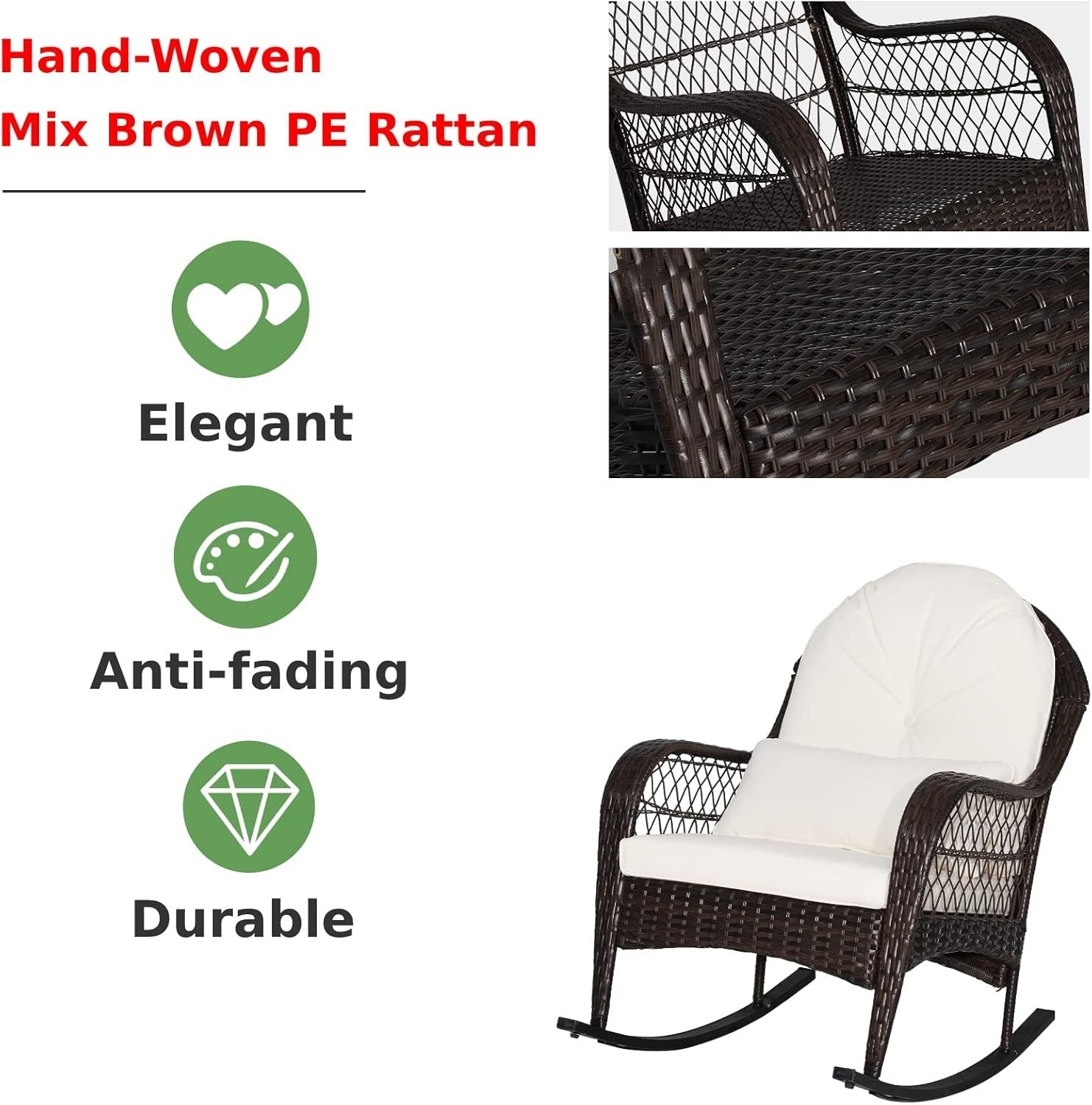 White Rattan Rocking Chair Cushioned Patio Garden Porch Outdoor Relax Armchair