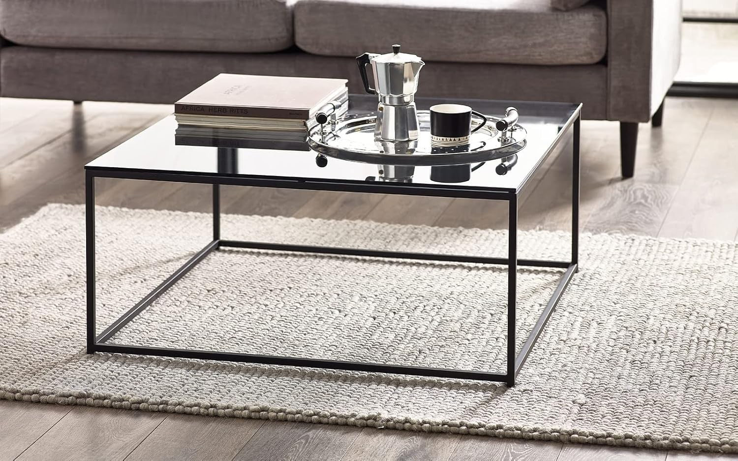 Square Coffee Table, Smoked Glass & Black 90x90x40cm