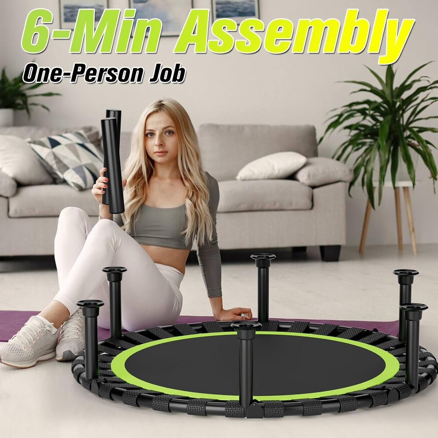 40in Foldable Rebounder Trampoline Indoor Fitness Adjustable Bar 440LBS