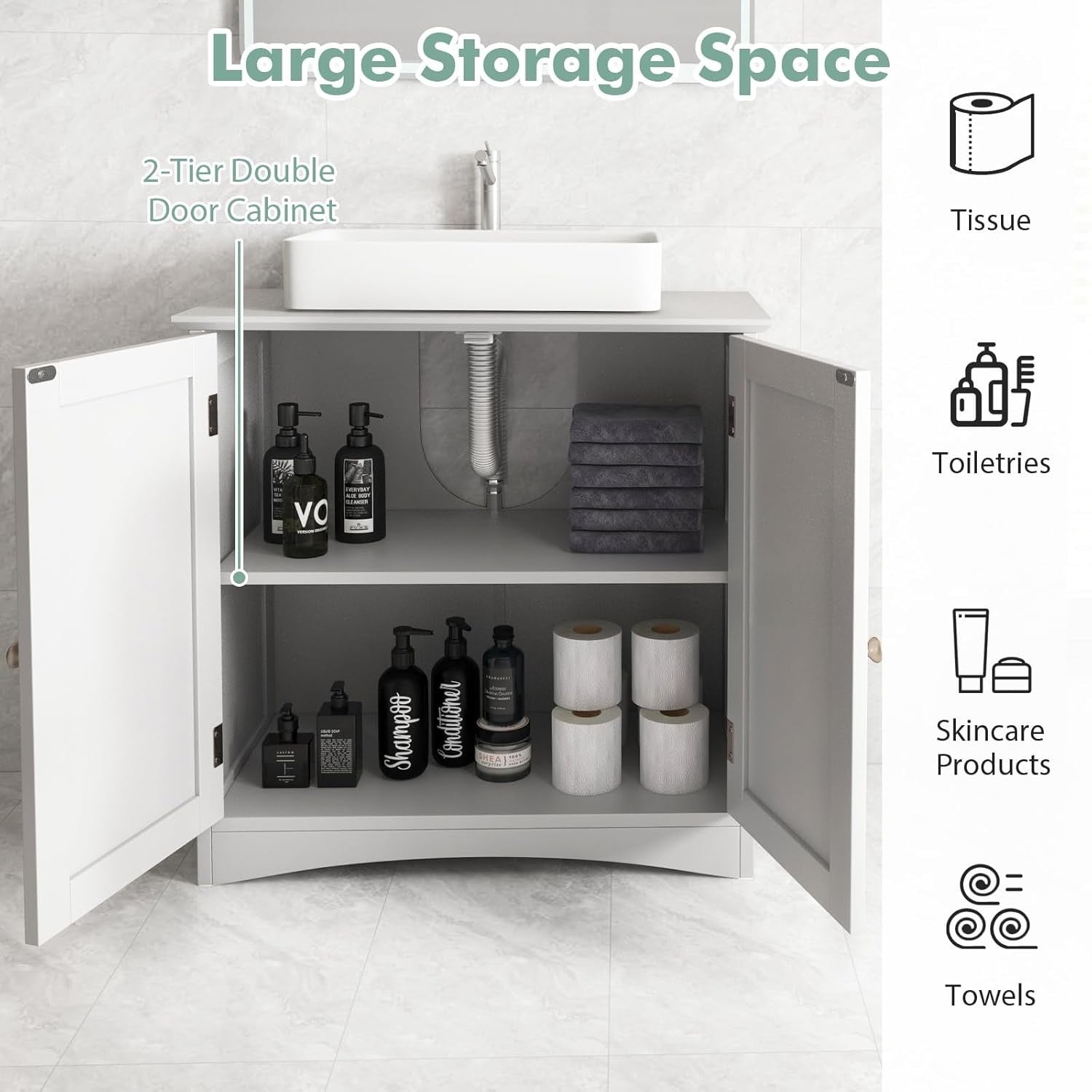 Under Sink Bathroom Cabinet Storage Unit 2 Door Cupboard 60x30x60cm White