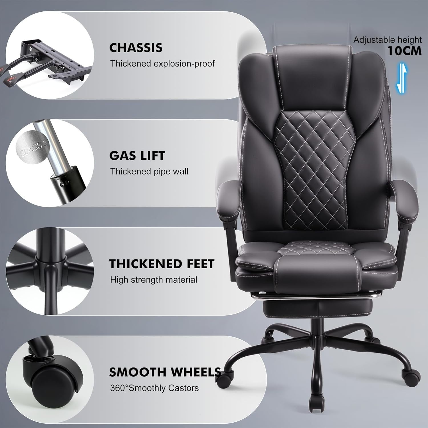 Ergonomic Executive Office Chair Adjustable Height Upholstered Leather Foot Rest
