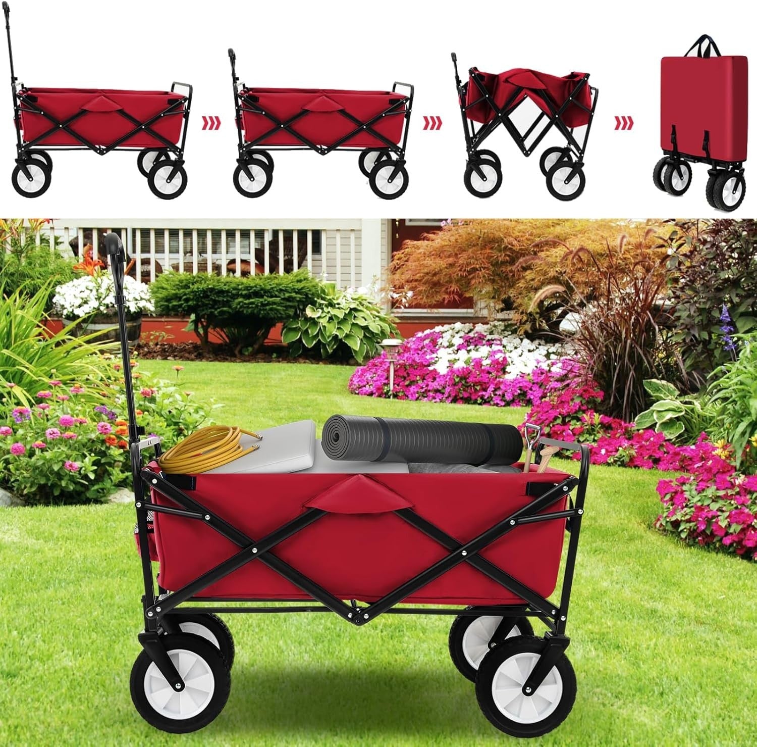 Red Folding Trolley Cart Heavy Duty Collapsible Garden Wagon Adjustable Handle