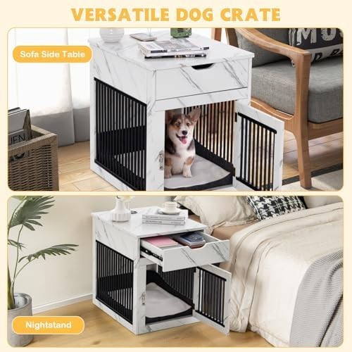 Wooden Dog Crate Side Table with Drawer, Plush Pad & USB Charging