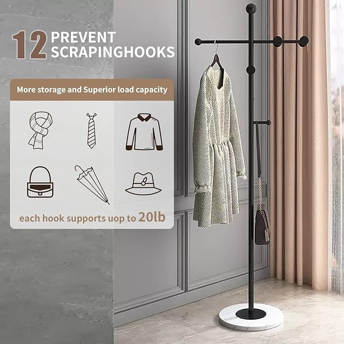 Modern T-Shaped Metal Coat Rack Marble Base Stand with 8 Hooks for Home Office
