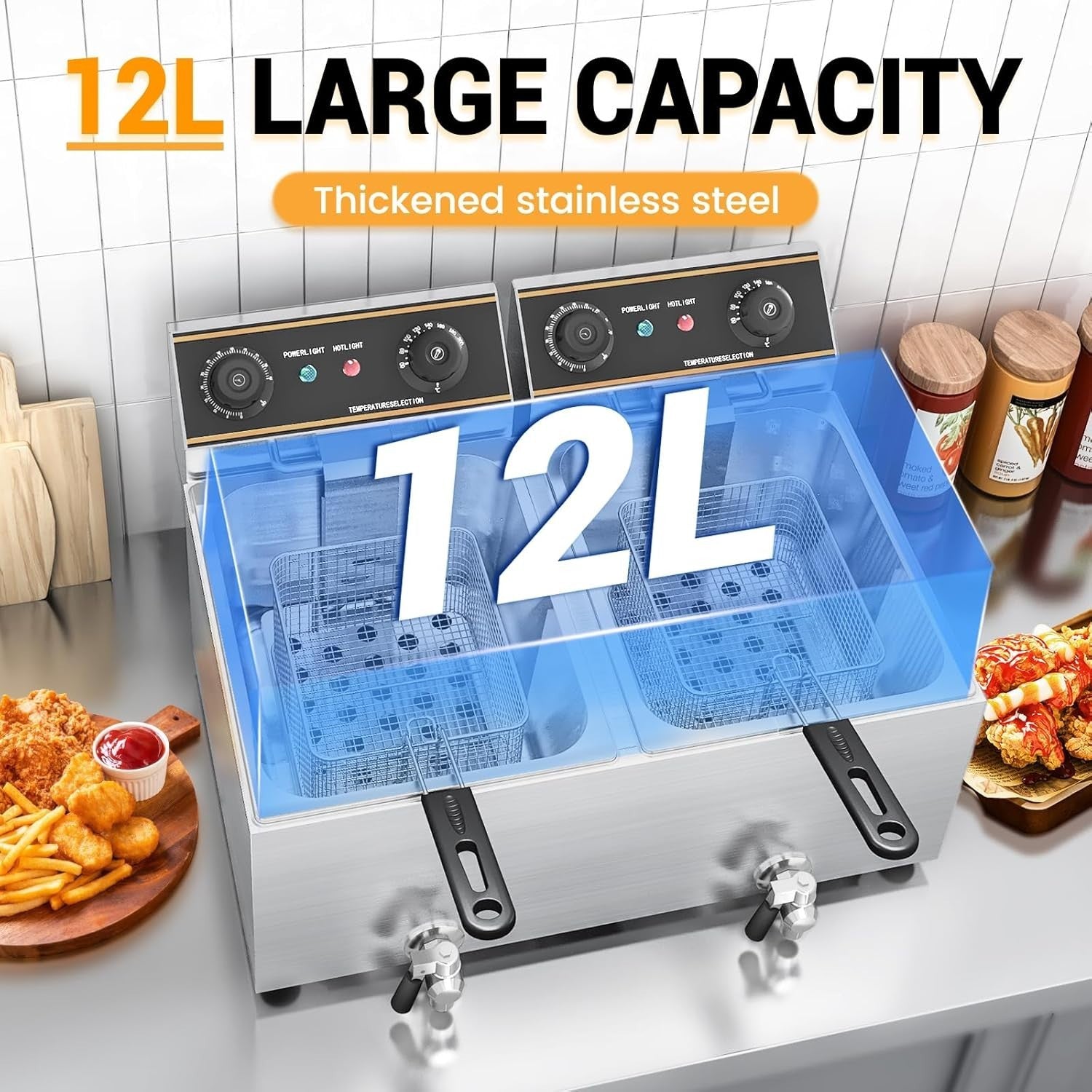 Commercial Electric Deep Fryer 12L Double Tank 5000W Drain Tap Stainless