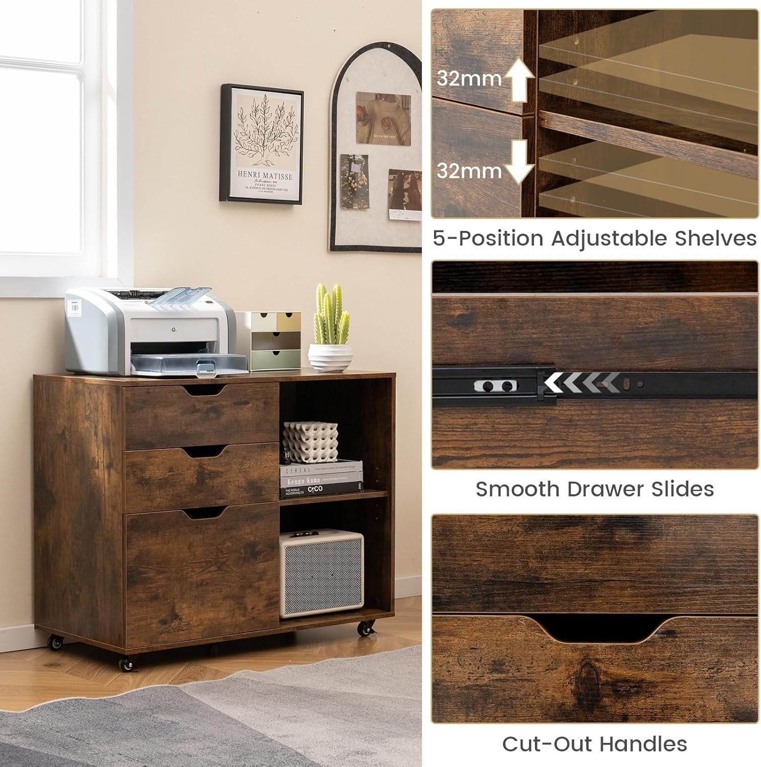 Brown Lateral Mobile Filing Cabinet 3 Drawer A4 Letter Printer