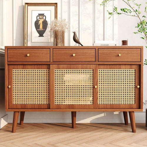 Retro Rattan Sideboard Cabinet 3 Drawer 3 Door Wooden Storage for Living Room