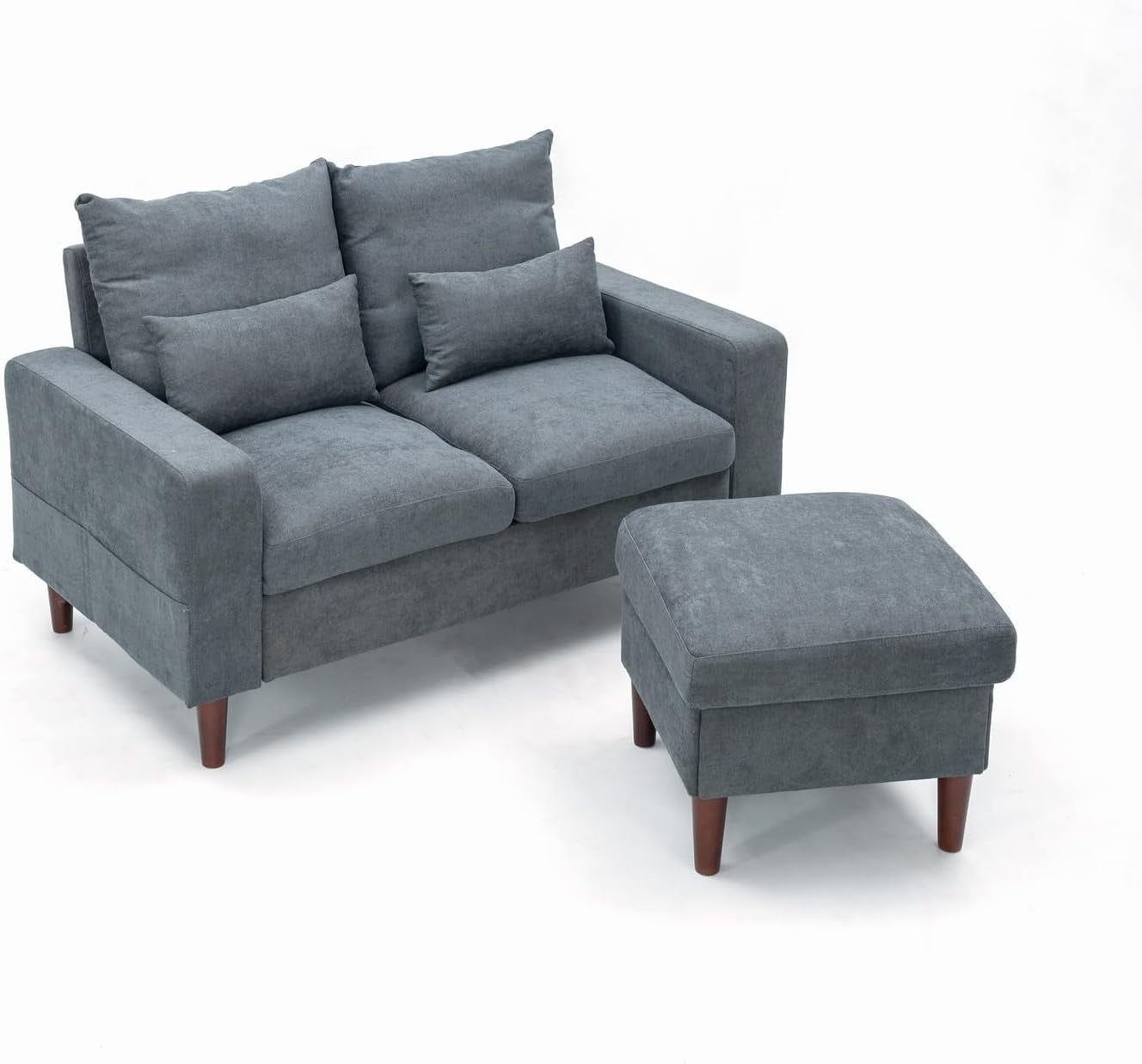 2 Seater Grey Fabric Sofa Couch with Footstool, Small Living Room Ready