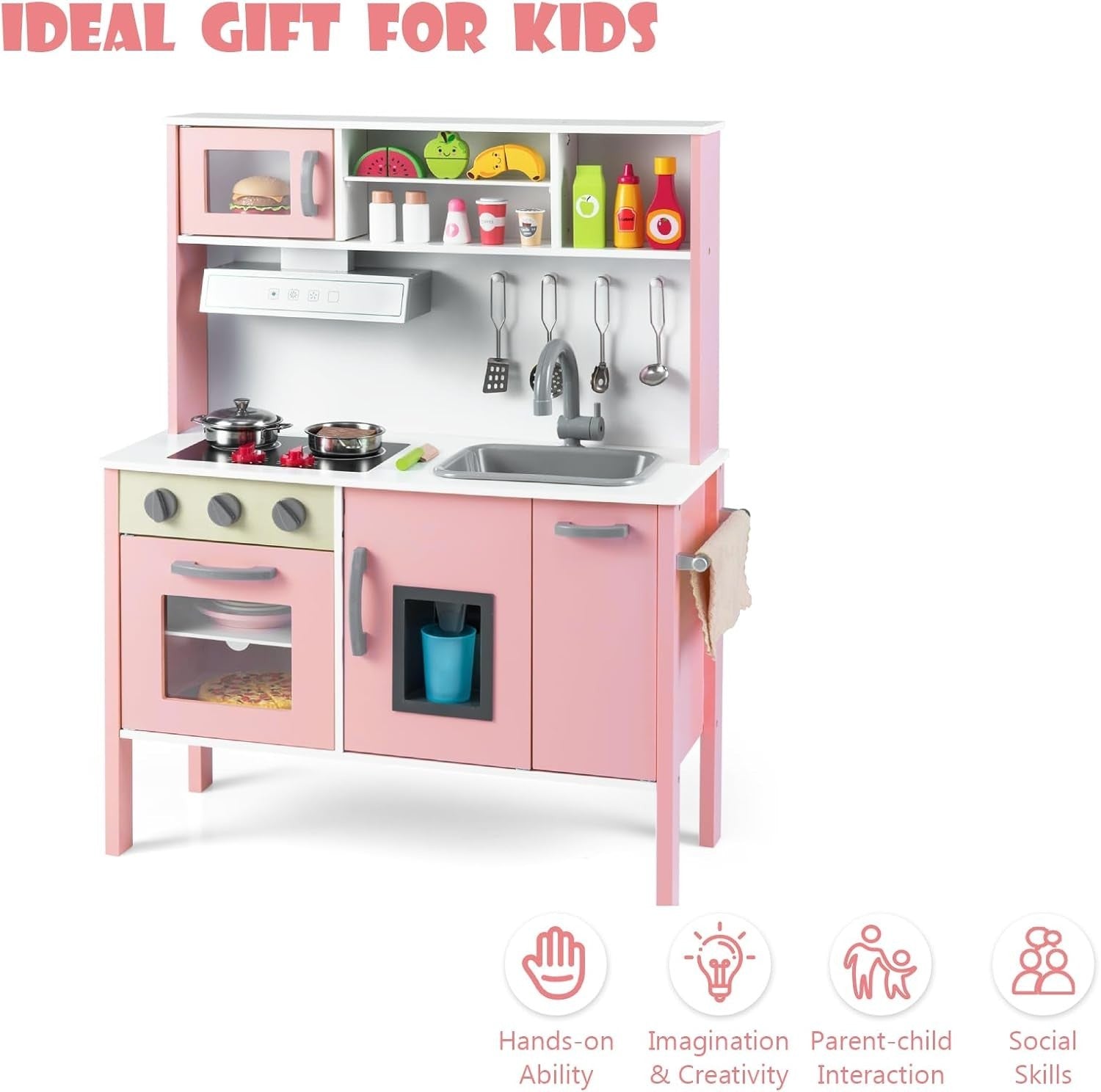 Wooden Kids Play Kitchen Pink Ice Maker Cooking Toy Accessories