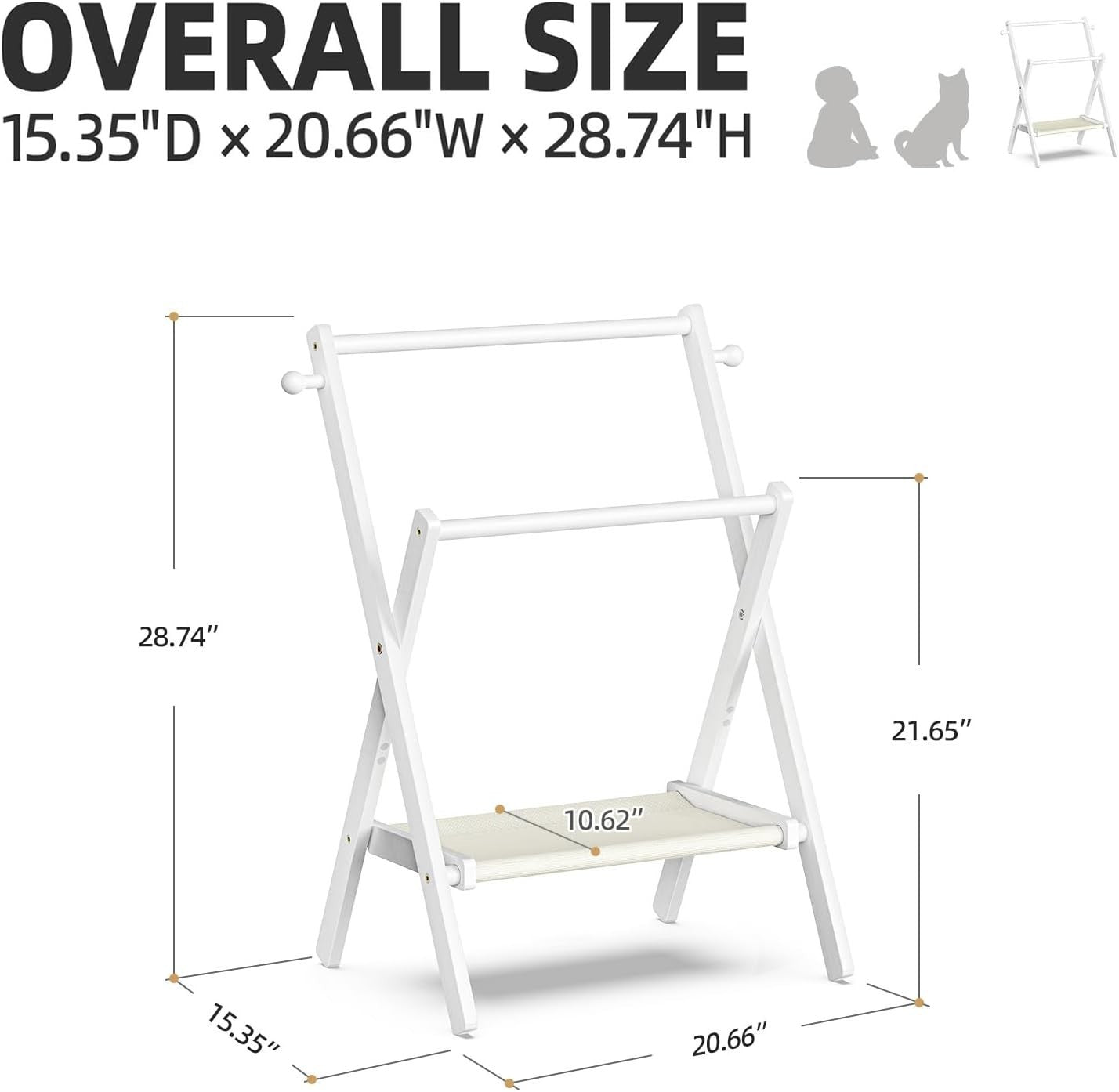 Baby Clothes Rack with Shelf, Double Rods, Bamboo White