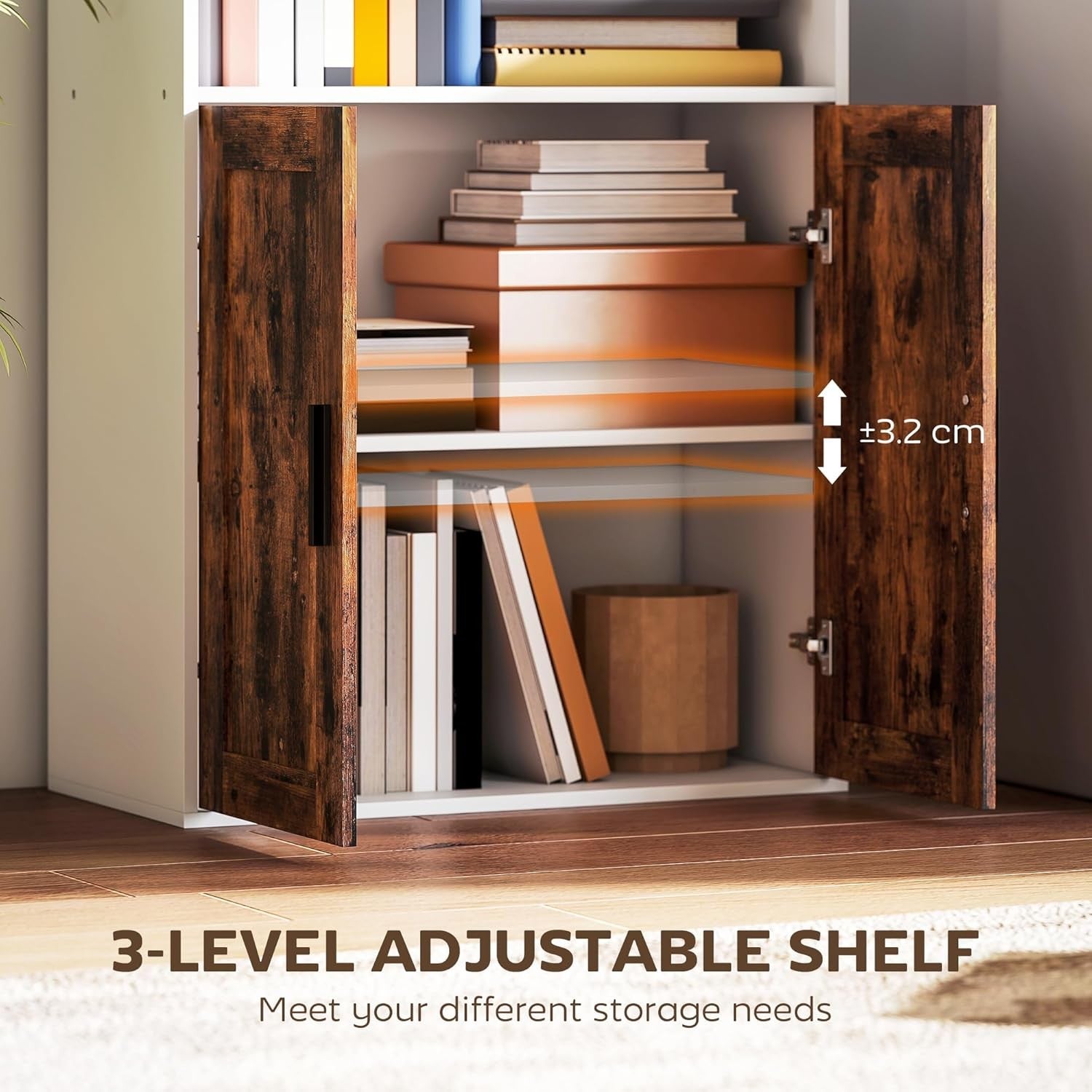Tall 5-Tier Bookcase with Doors, Adjustable Shelf, Rustic Storage Unit for Home