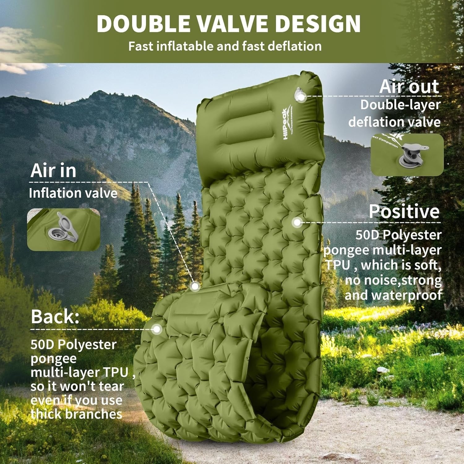 Single Inflatable Camping Mat 195x65x10cm Ultralight with Pillow