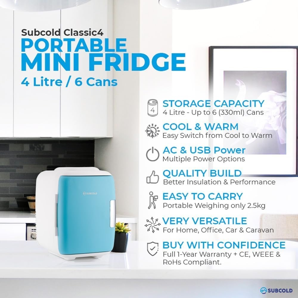 4L Mini Fridge Cooler & Warmer Portable USB AC Compact White/Blue