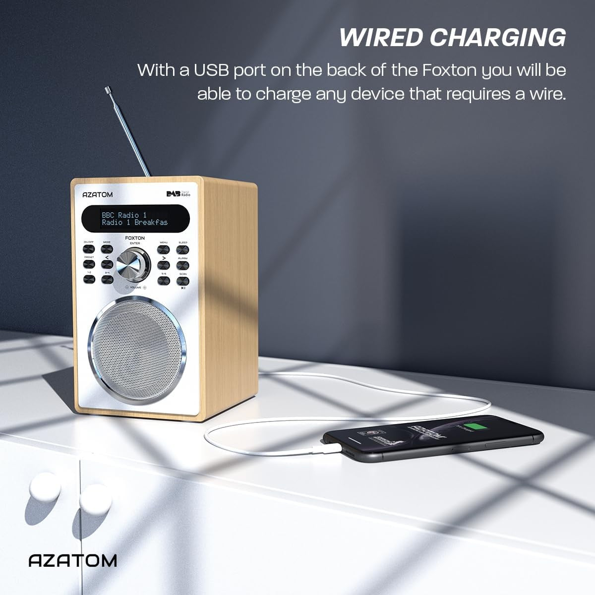 Oak DAB DAB+ FM Digital Radio Bluetooth Dual Alarm Sleep Timer USB Charge