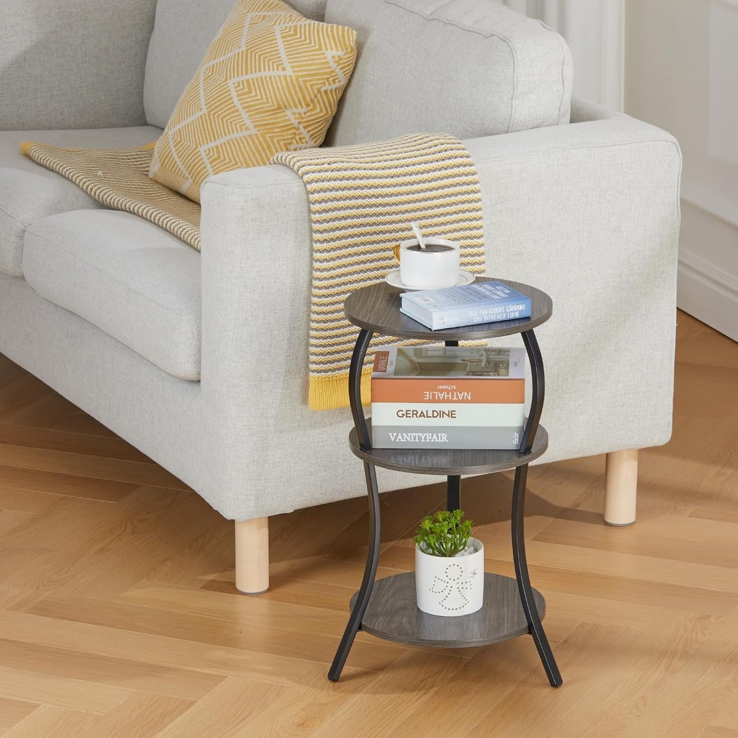 Grey 3-Tier Round Side Table 30x30x55 cm | Slim End Table w/ Storage