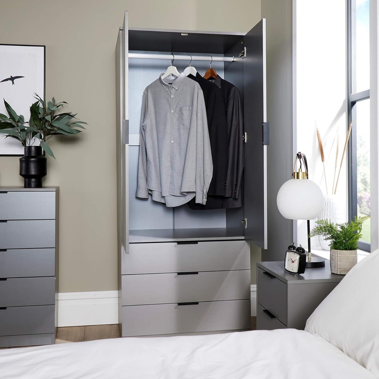 Grey 2 Door Wardrobe with Drawers & Rail – Bedroom Storage Cabinet Unit