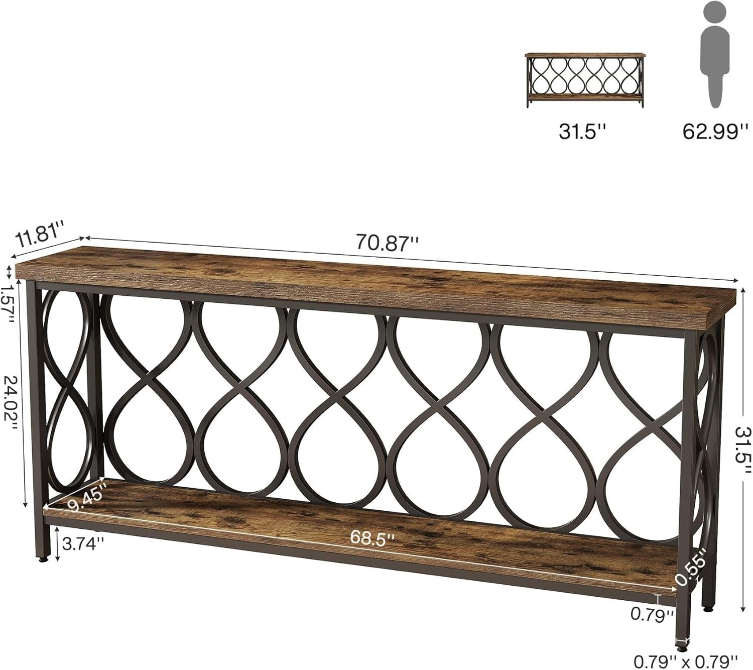 Industrial Console Table 90x90x40cm Rustic Brown 2-Tier Sofa Entryway