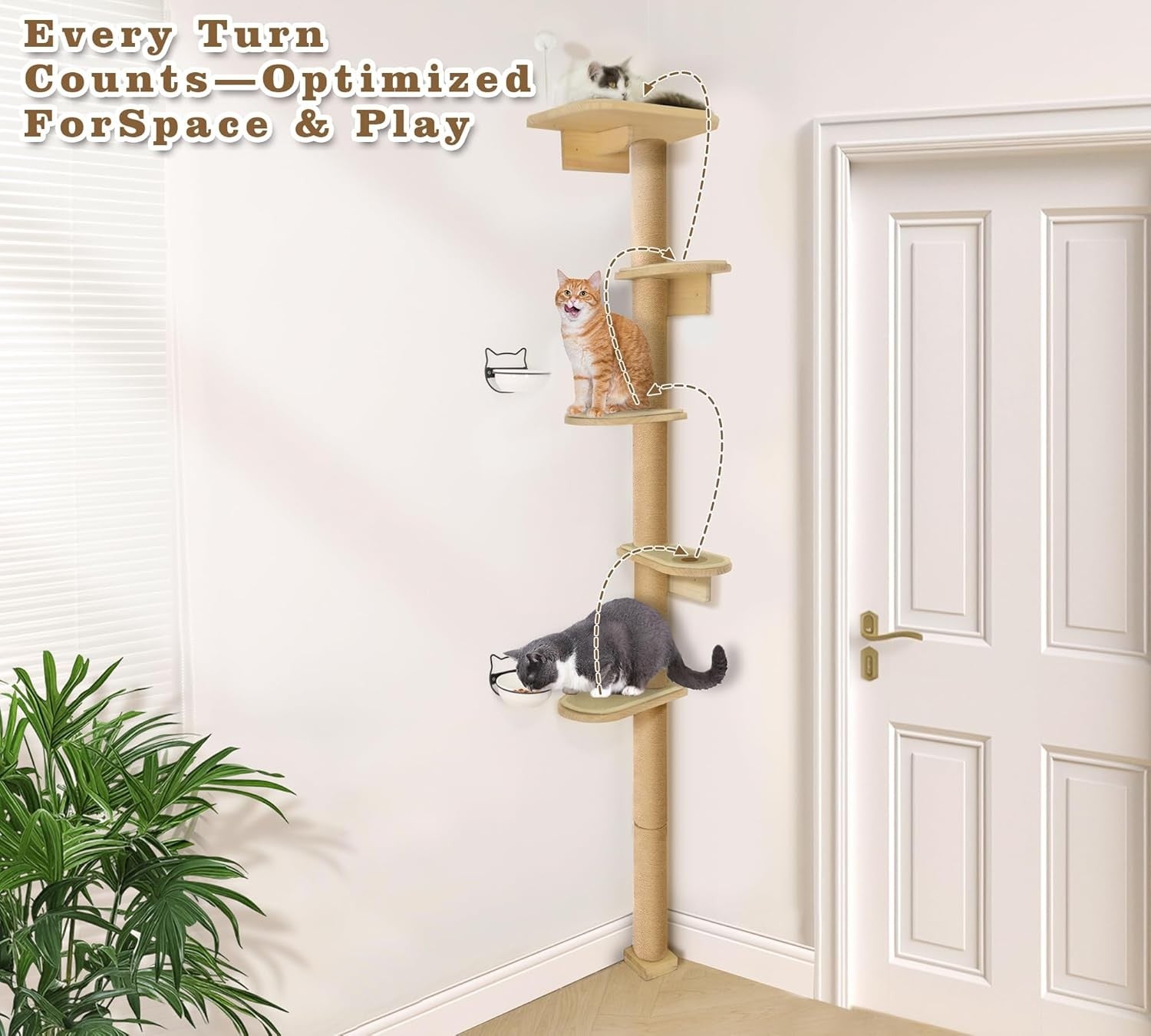 Floor to Ceiling Cat Tree 210cm 5 Tier Climbing Scratching Post Wall Mounted