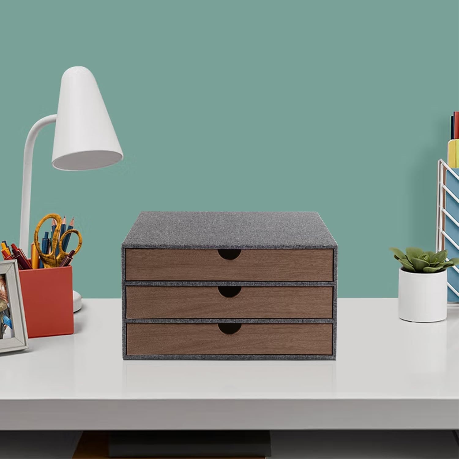 Grey PU Leather Desk Organizer with 3 Drawers for Office & Home