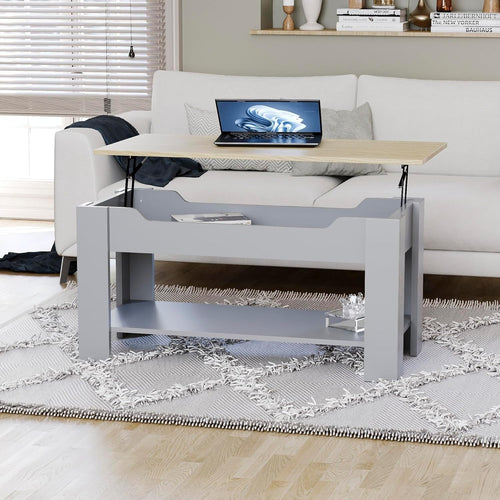 Lift-Up Coffee Table with Hidden Storage & Shelf 100x48x48-60cm Oak Grey